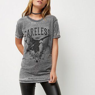 Grey &#39;Careless&#39; print band T-shirt